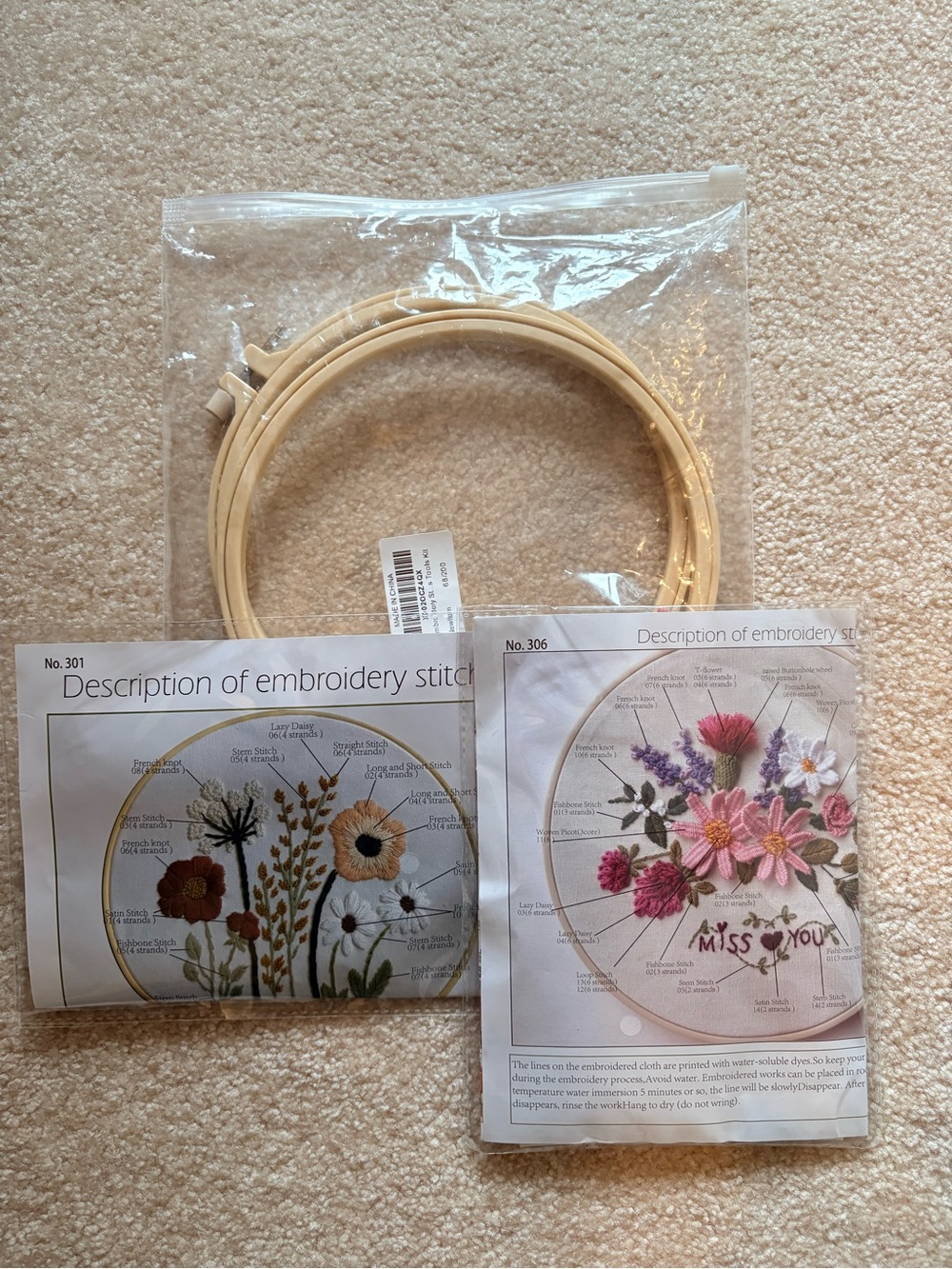 Floral Embroidery Kit with Wooden Hoops - Pink, Green, Cream